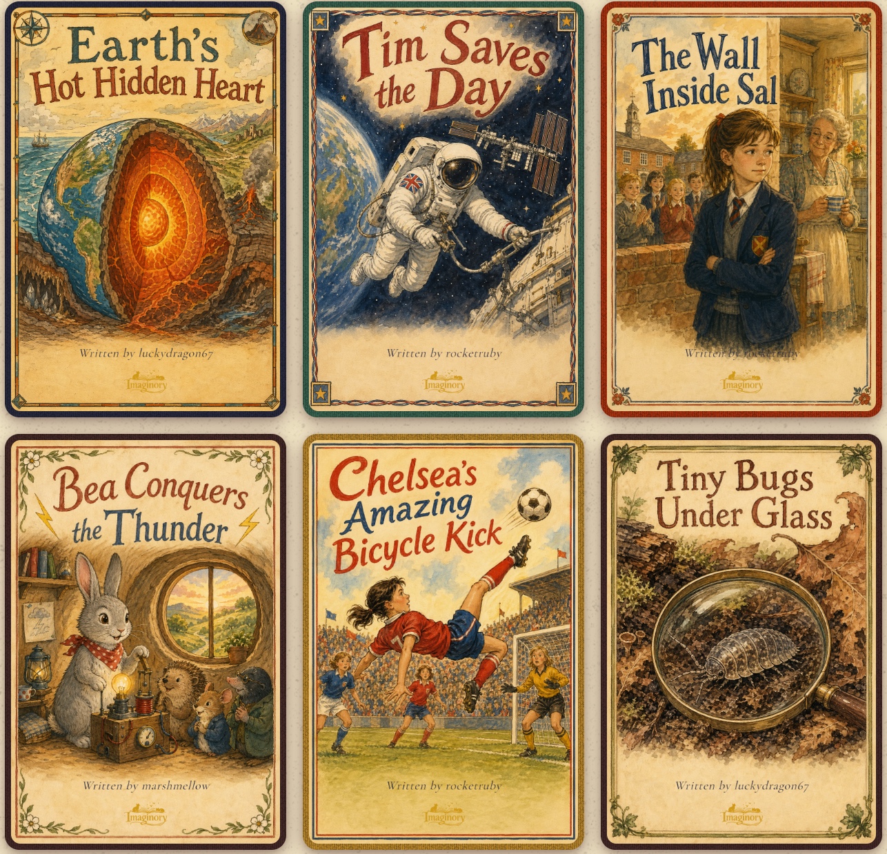 Six children's book covers generated by Imaginory